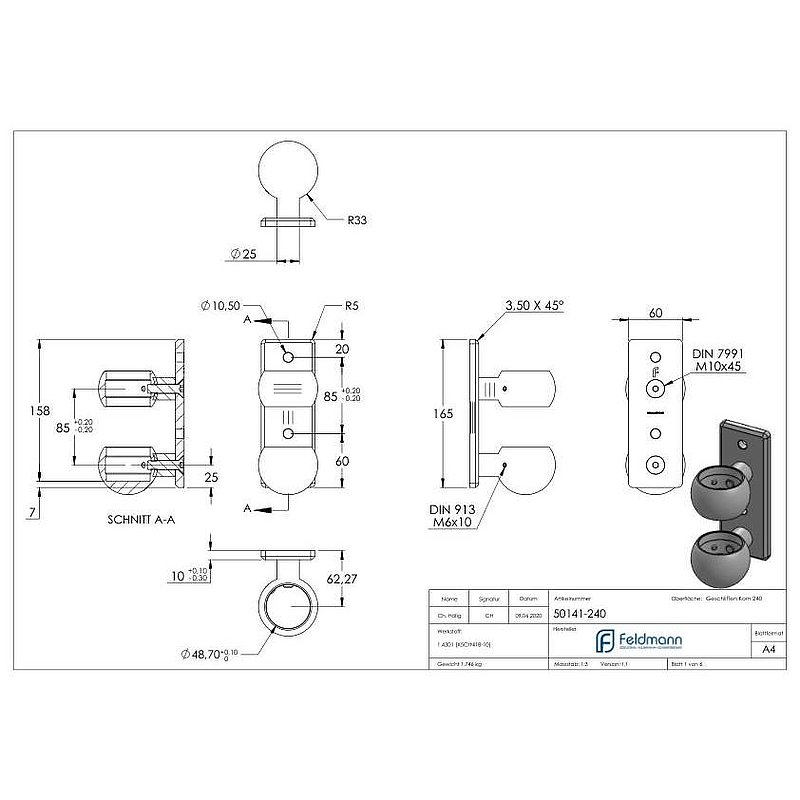 Wall mounting for railing posts 48.3 mm, AISI304