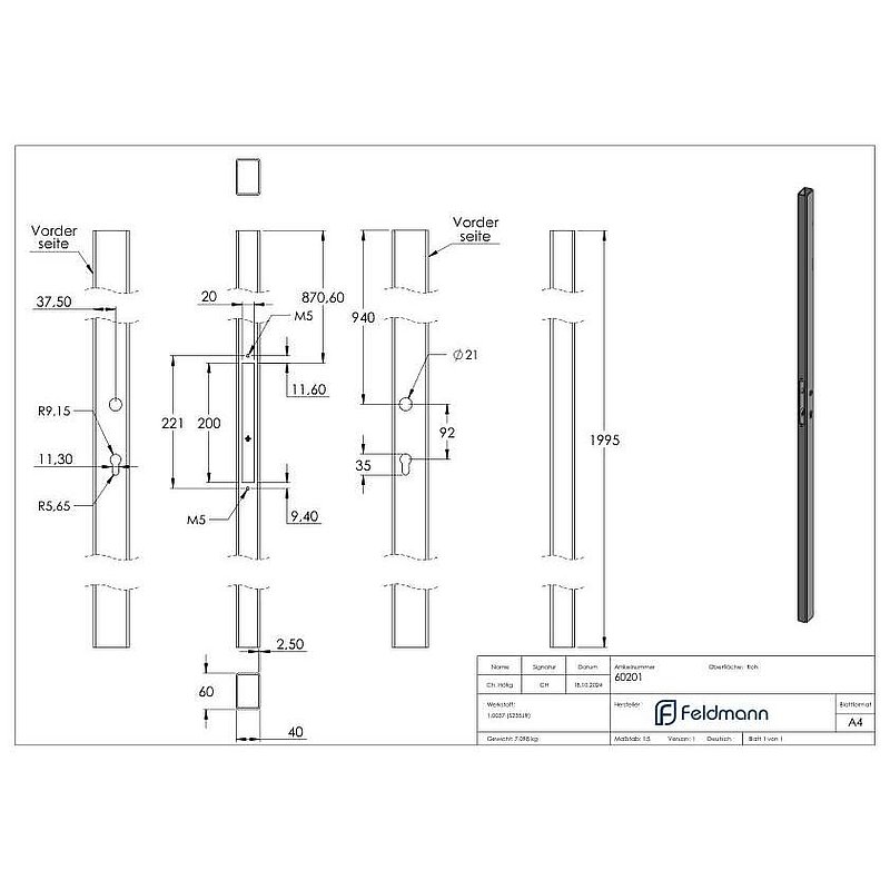 Schlossrohr 60x40 glatt, L:2000mm