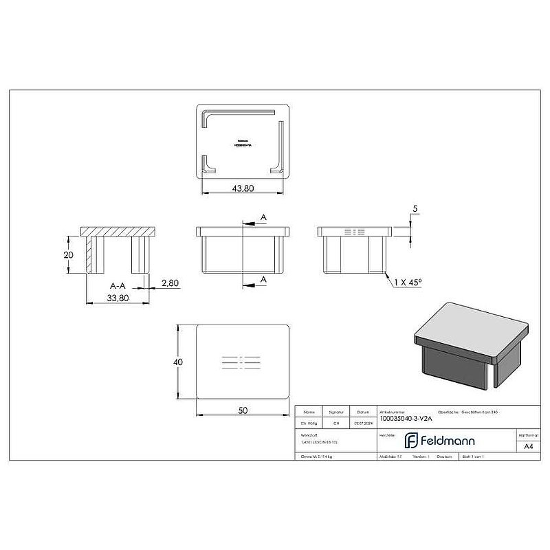 Push-in cap, for tube 50x40x3.0mm, AISI304