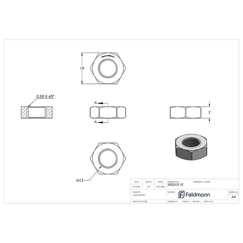 Hexagon nut M12, flat shape