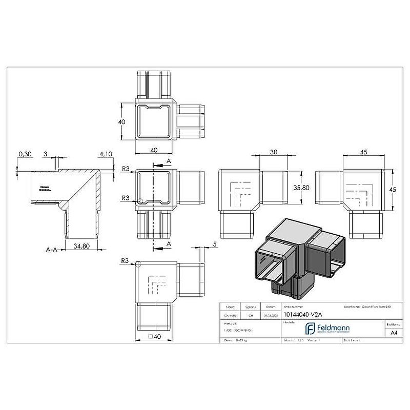 Eckstück 90° mit 3 Abgängen für Rohr 40x40x2,0mm