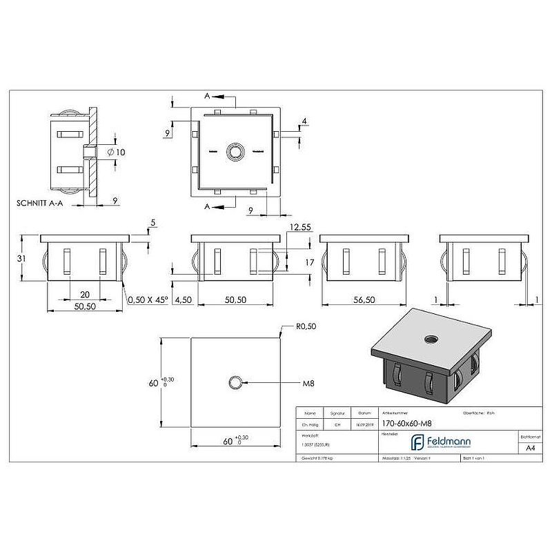 Steel end cap, for square tube 60x60mm