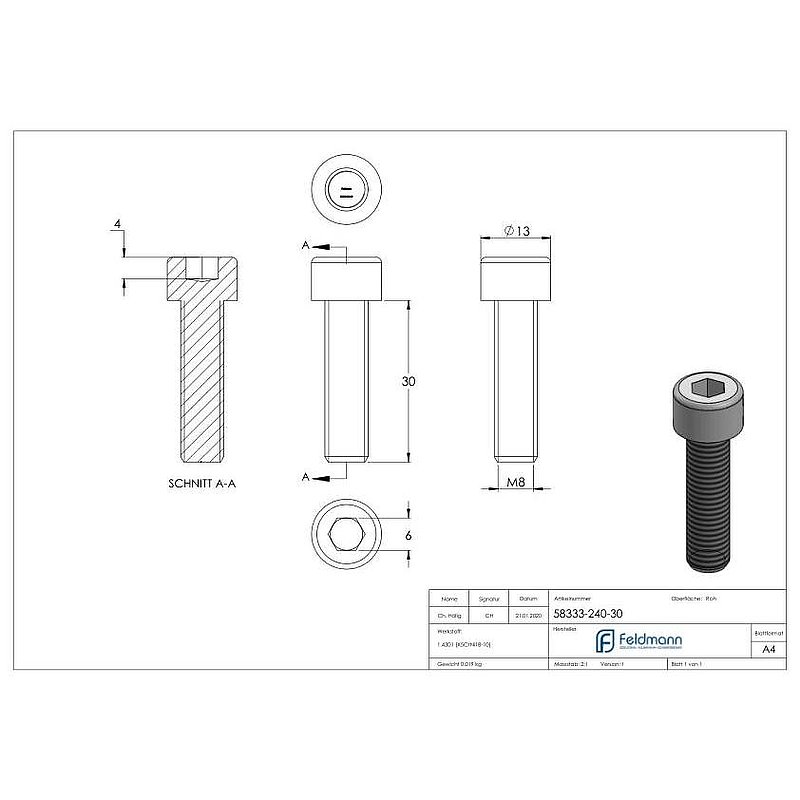 Zylinderkopfschraube M8x30, V2A, DIN 912