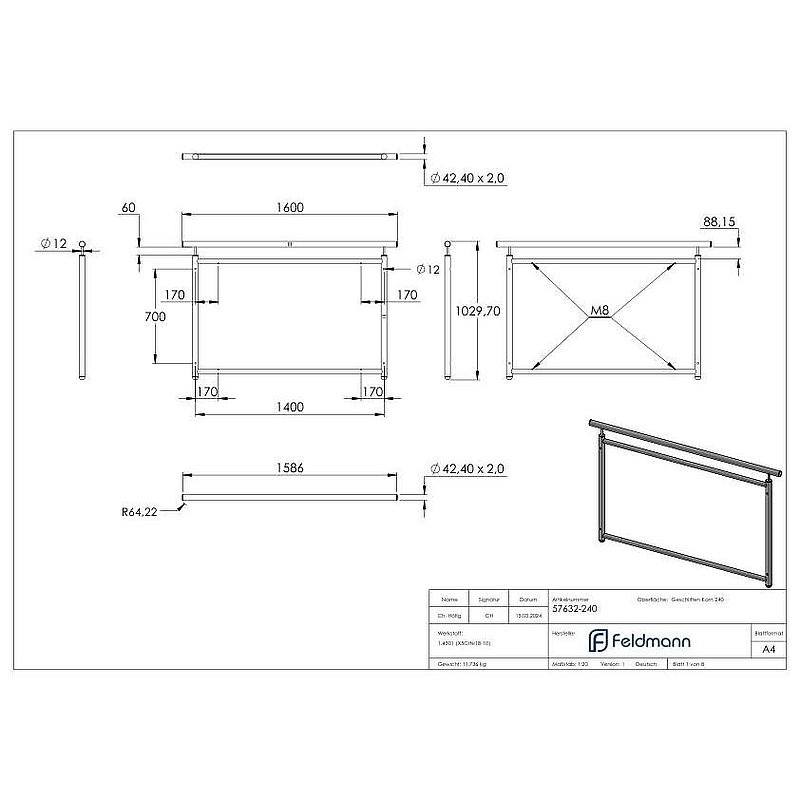 Französisches Balkongitter, gerade, Breite 1,4m, V2A