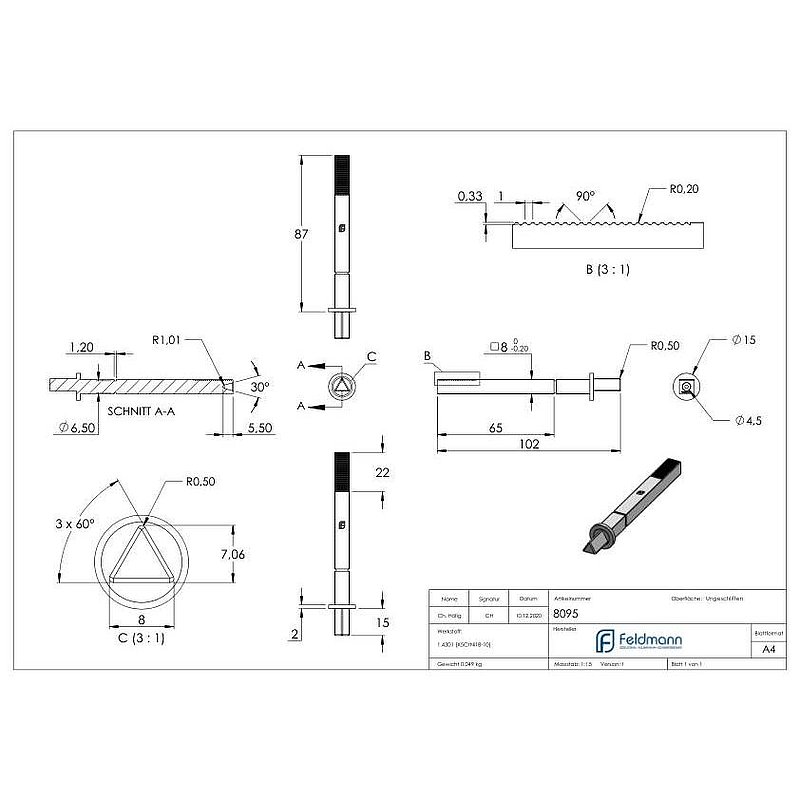 Spezialstift für Müllräume mit Dreikant, V2A