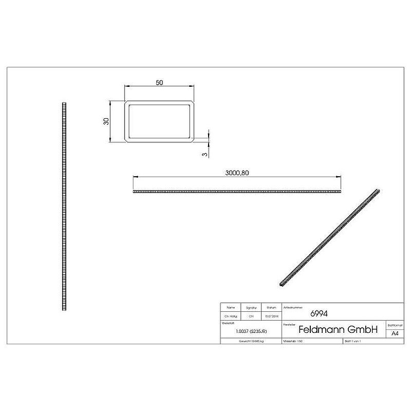 Rectangular tube 50x30x2.5mm, L: 3000mm, hammered