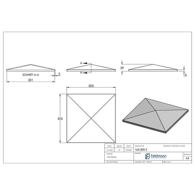 Pillar cover for tube 200x200mm, galvanised
