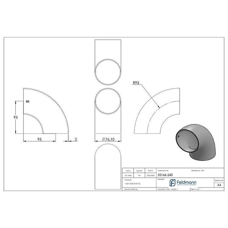 Schweißbogen 90°, 76,1 x 2,0mm, ungeschliffen, V2A