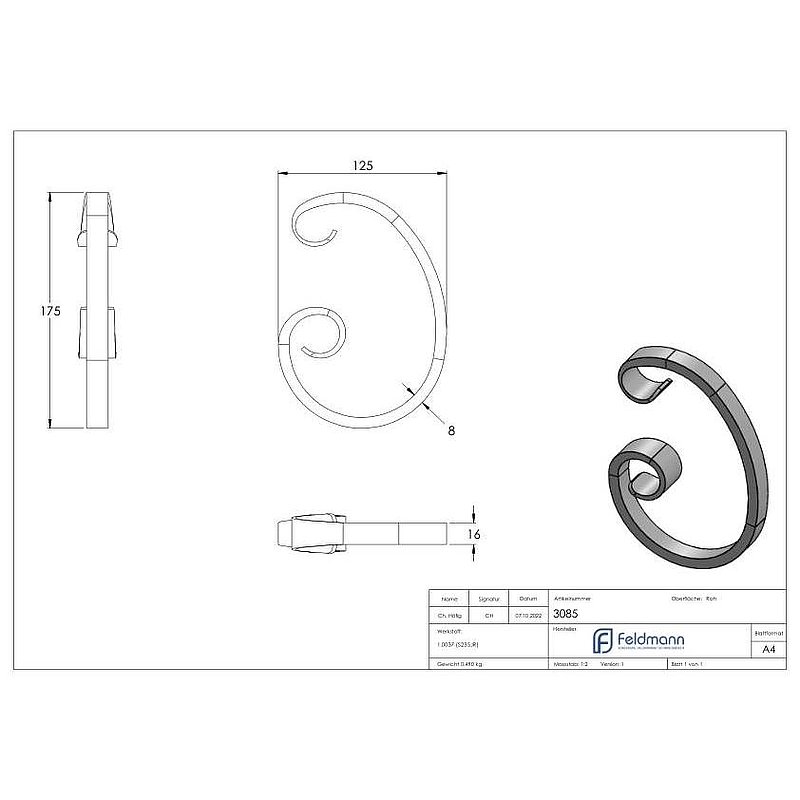C-Schnecke 16x8mm, 175x125mm, einseitig