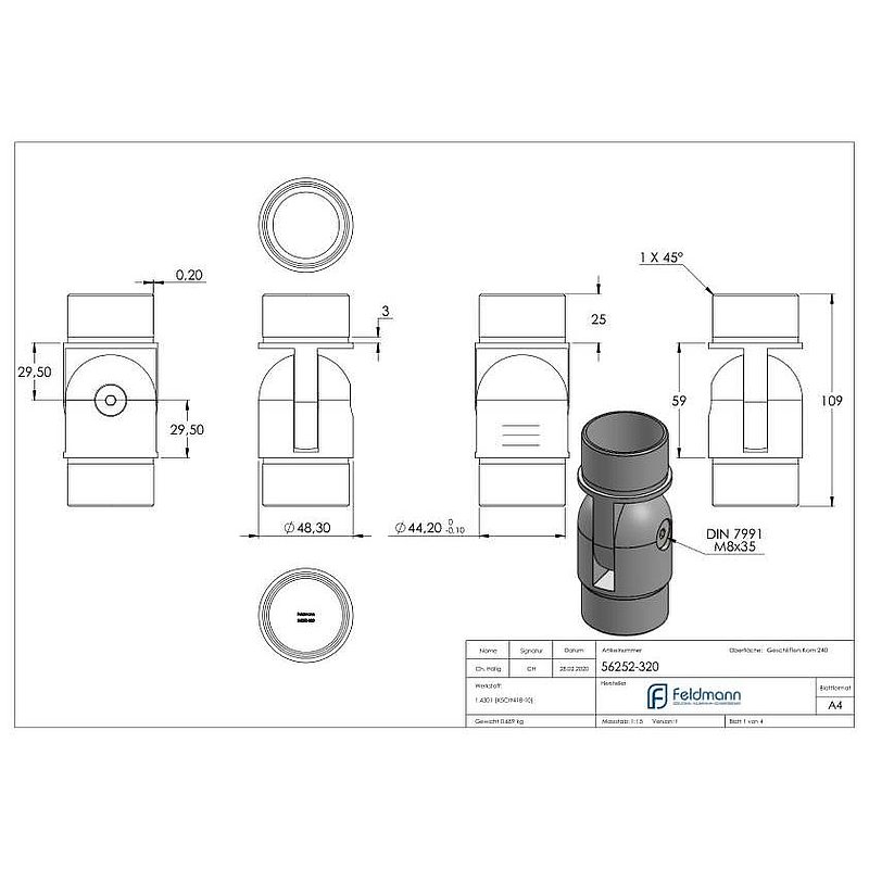 Joint piece, for tube 48.3x2.0mm, AISI304