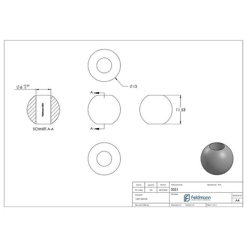 Boule pleine Ø13mm, avec trou traversant Ø6,0mm