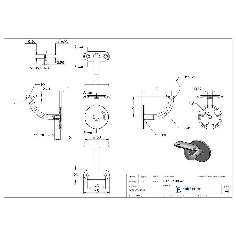 Handrail bracket with handrail connection plate 42.4mm, (round plate and bracket welded), AISI304