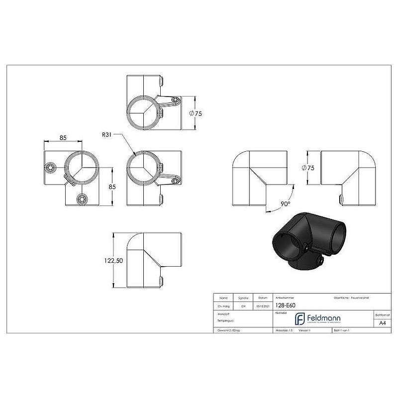 Eckstück, für Rohr Ø 60,3mm