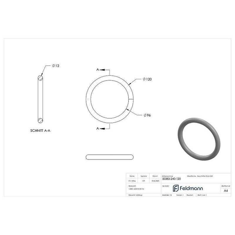 ring made in Ø 12mm, outer-Ø 120mm, AISI304