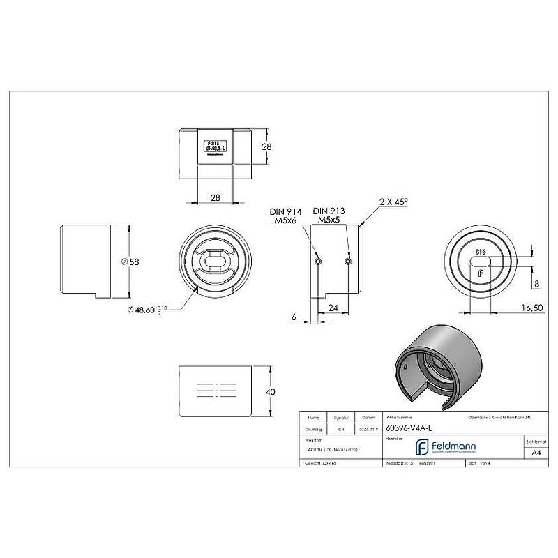 Embase murale pour tube à fond de gorge Ø 48,3mm, gauche, V4A