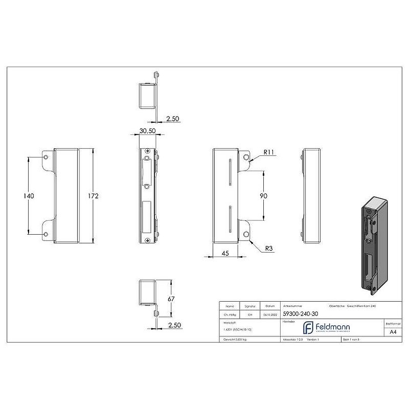 Stainless steel counter case, angular, for spacing 72mm, for welding, 30mm, AISI304