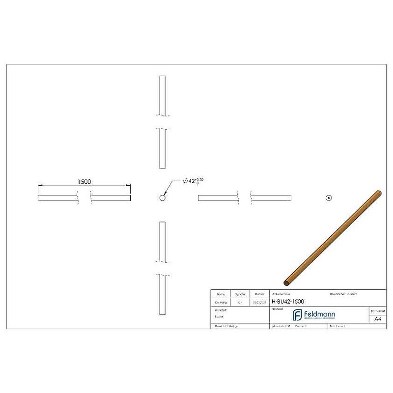 Holzhandlauf Buche, Ø42,4mm, L: 1500mm