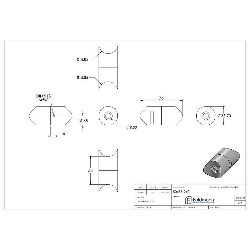 Rohrverbindungsstück von 33,7 / 33,7mm, V2A