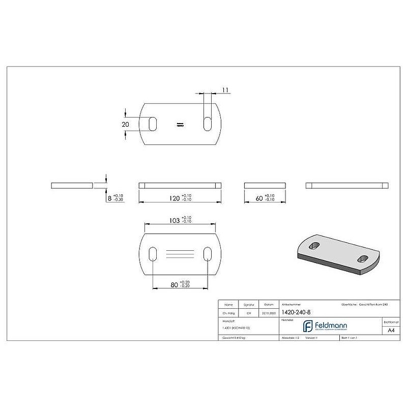 Anchor plate, 120x60x8mm, with longitudinal grinding, AISI304