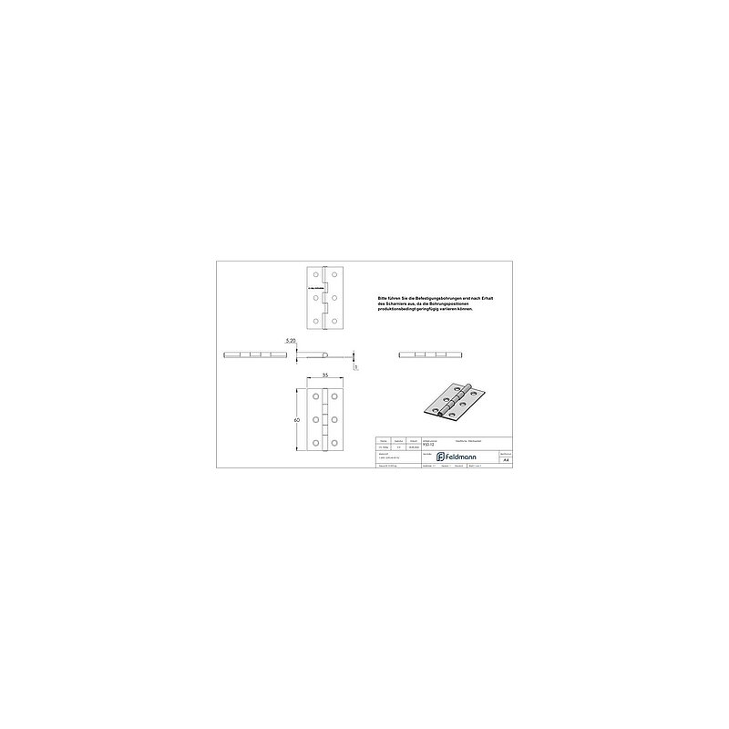 Charnière acier inoxydable 60x35mm avec tige fixe, V2A