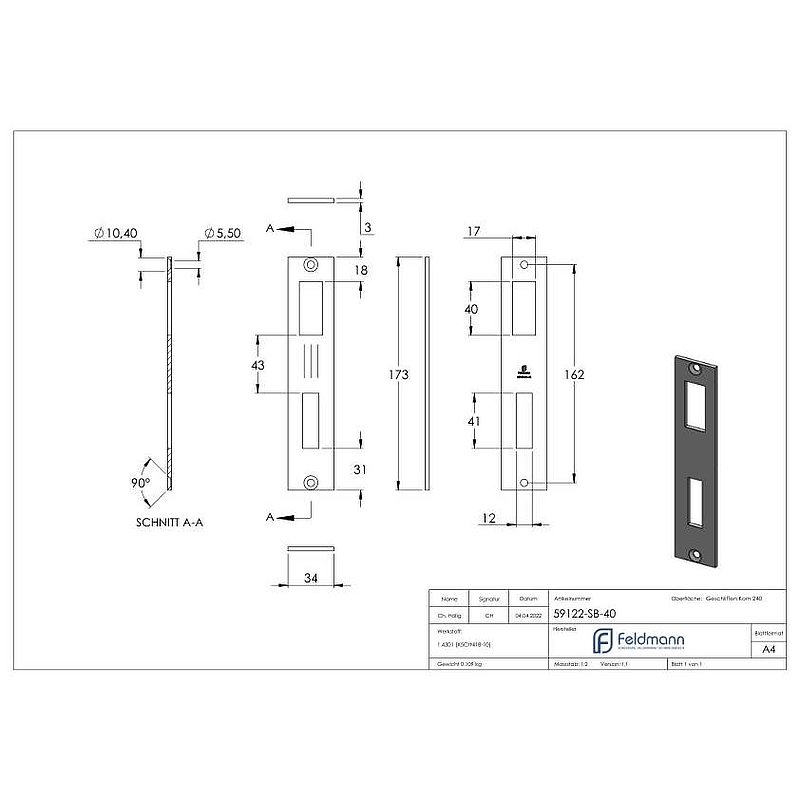 Platine de gâche acier inox, adapté à serrure de portes coulissantes de 40mm, V2A