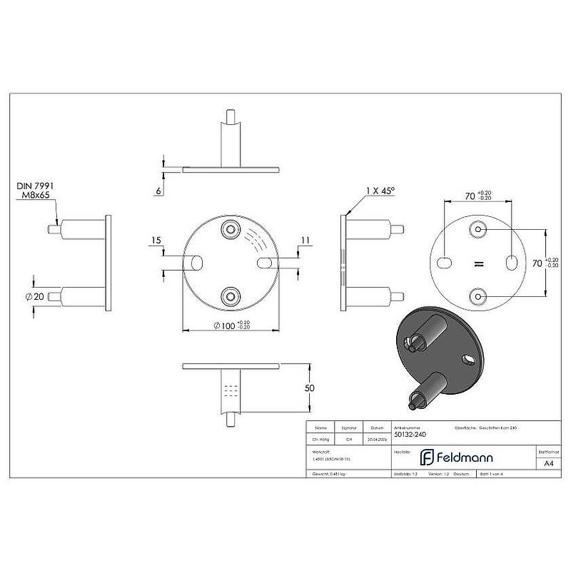 Wall mounting for railing posts 42.4 mm, AISI304