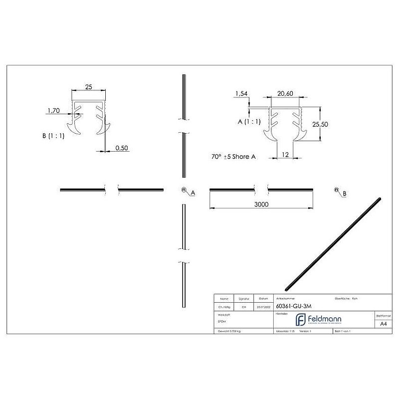 Cale caoutchouc pour verre 11,52 - 13,52mm, pour rainure 24x24mm, 3000mm