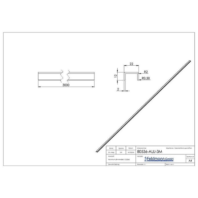 Aluminium-U-Profil, 22x12x2mm, L: 3000mm