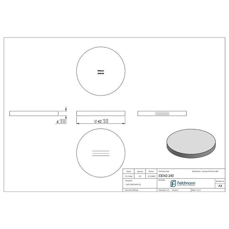 Round plate Ø 42x4mm, with longitudinal grinding, AISI304