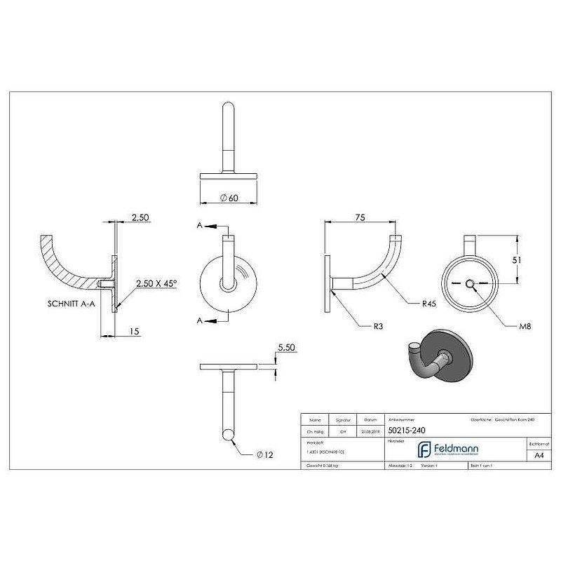Handrail bracket for welding, (round plate and bracket welded), AISI304