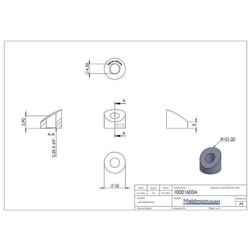 Moulded connection, for M4 thread, AISI304