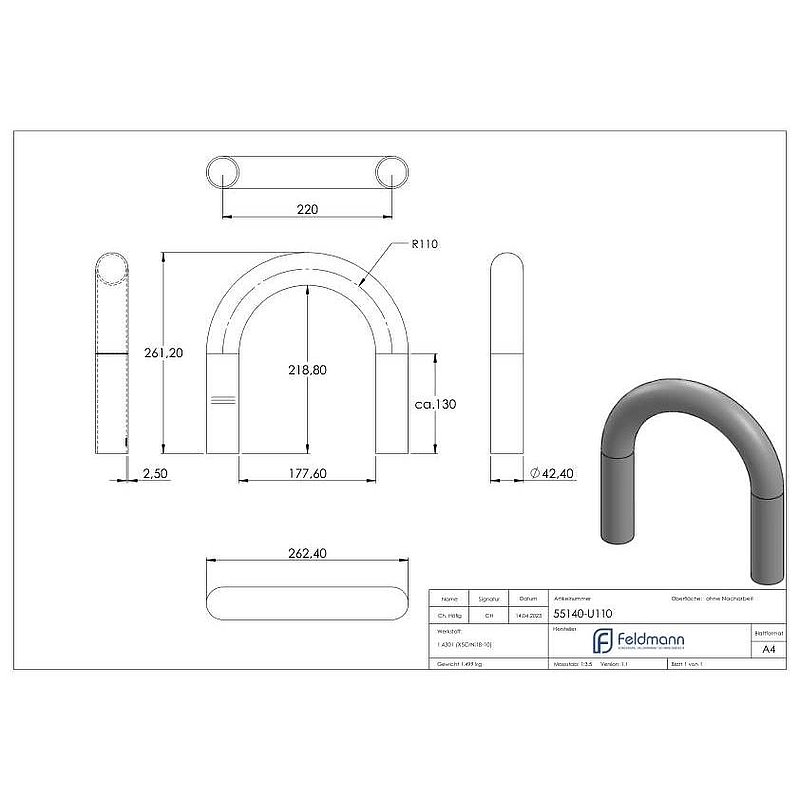 Rohrbogen 180°, aus Rohr 42,4x2,5mm, V2A