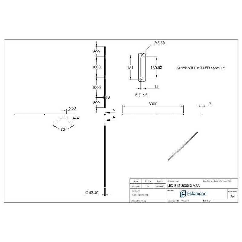 Edelstahlrohr 42,4x2,0mm für LED Module, V2A