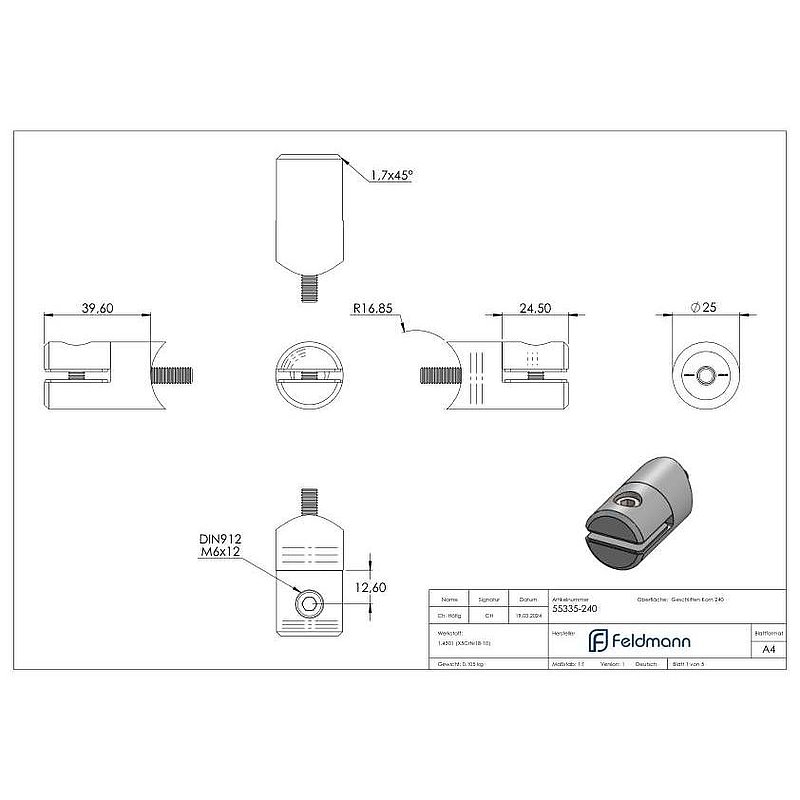 Blechhalter, Ø 25mm, Anschluss: 33,7mm, V2A