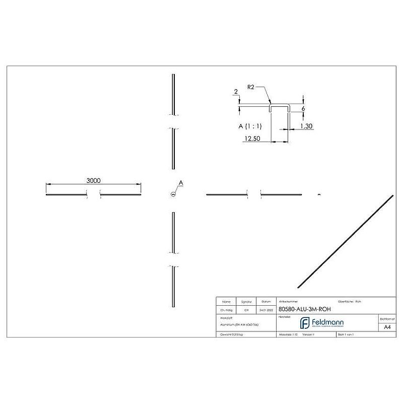 Kantenschutz EXTRA SLIM, für Glas 10,00 - 11,52mm, L: 3000mm, Aluminium roh