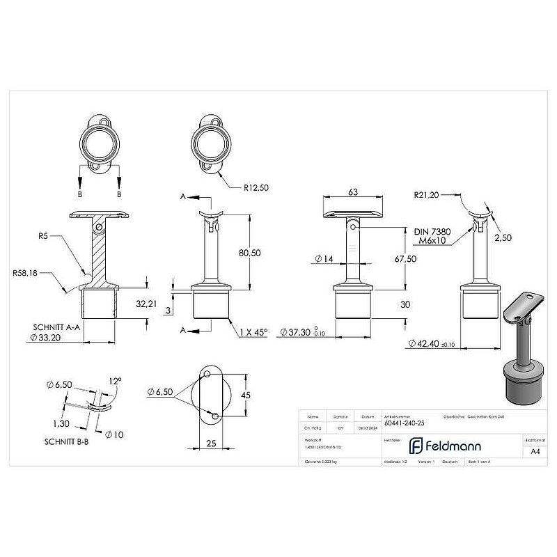 Tube end plug with joint and plate, for 42.4x2.5mm, AISI304