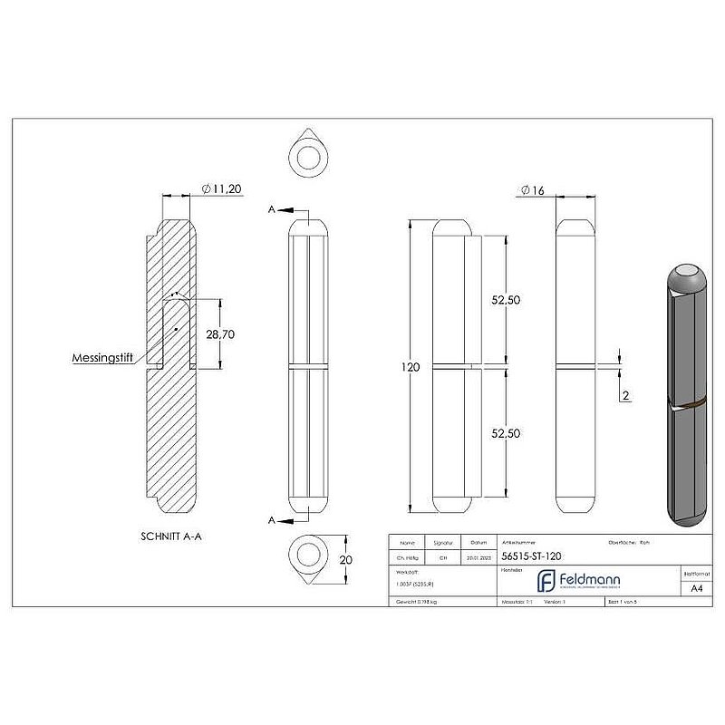 weld-on wire with brassring and pin, length 120mm