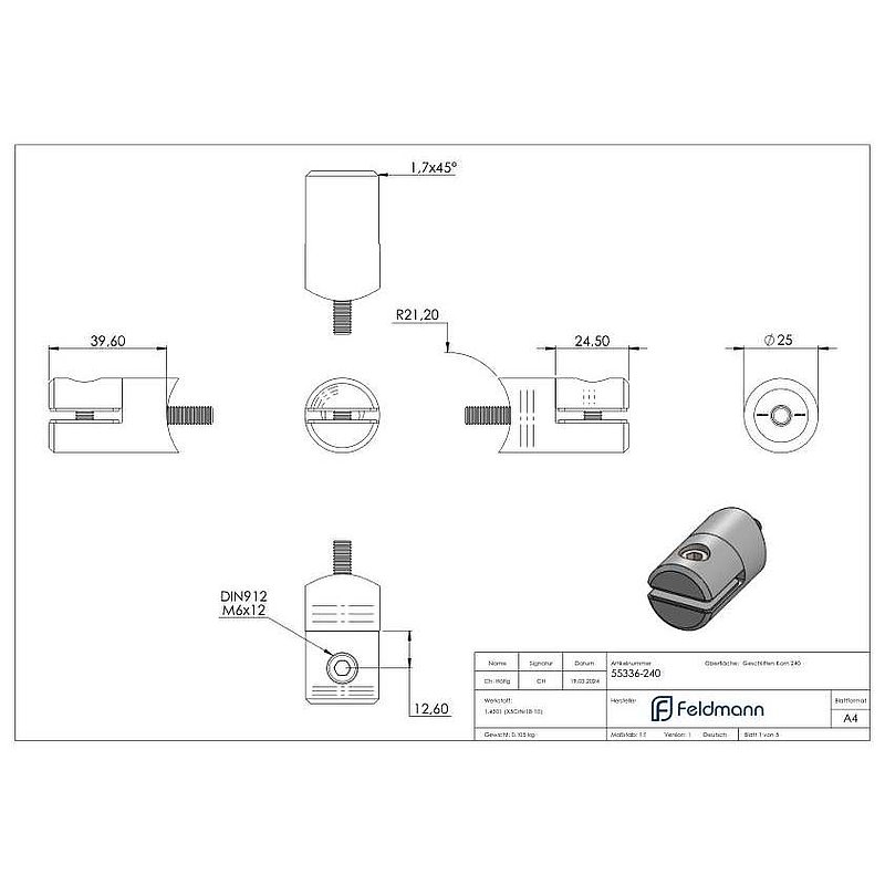 Blechhalter, Ø 25mm, Anschluss: 42,4mm, V2A