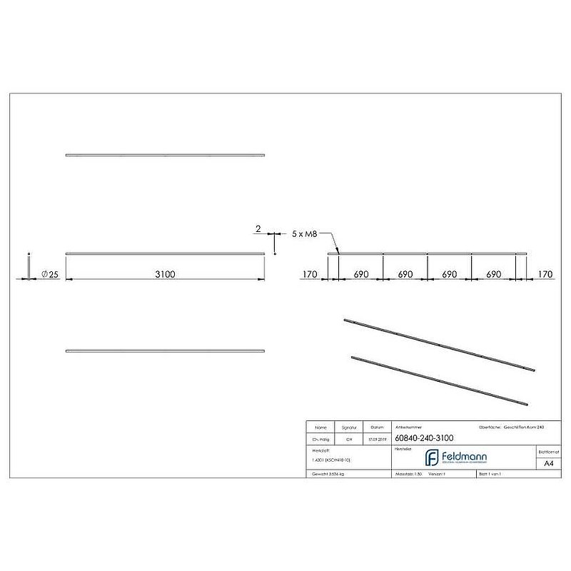 Laufschiene für Glasschiebetüren, L: 3100mm, V2A