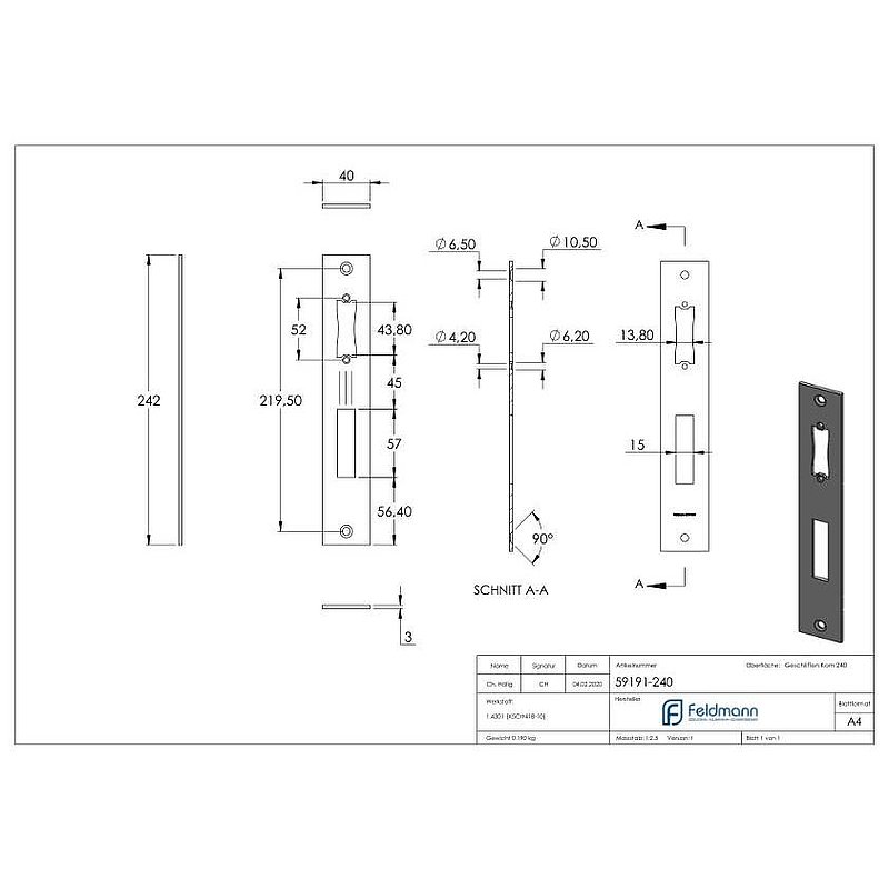 Stainless steel striking plate 242x40x3.0mm, for spacing 92mm, AISI304 (1.4301)
