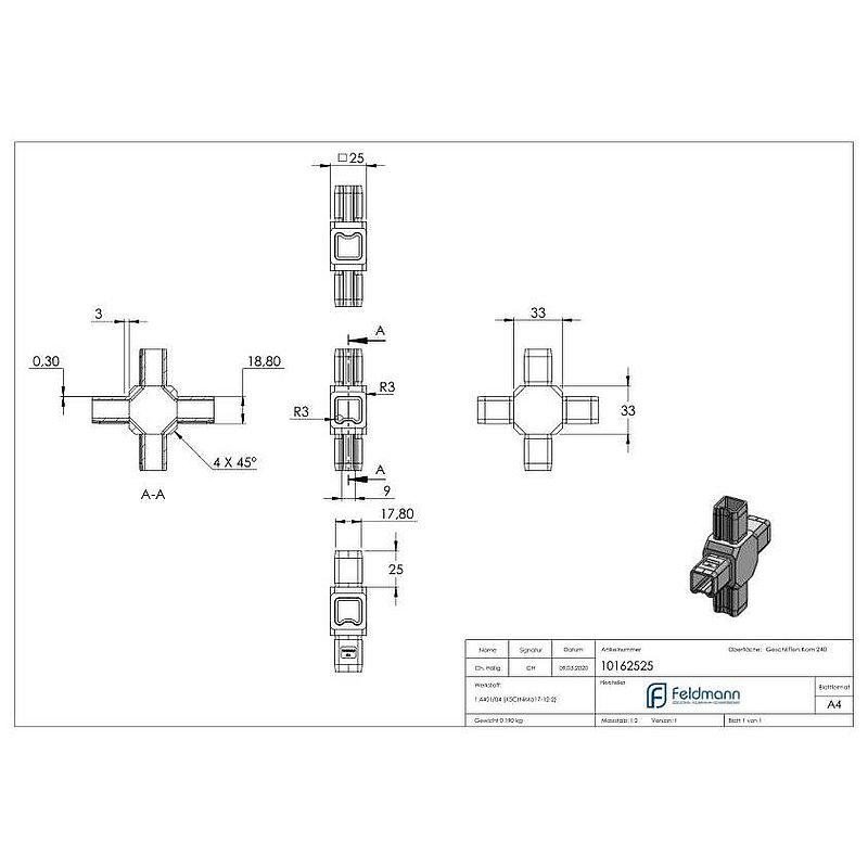 Connector for tube 25x25x2.00mm, AISI316