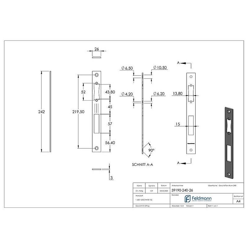 Stainless steel striking plate 242x26x3.0mm, for spacing 92mm, AISI304 (1.4301)