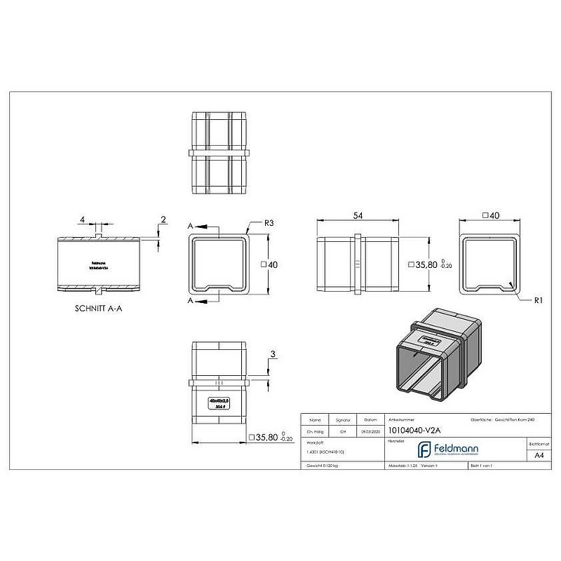 Connector for tube 40x40x2.0mm, AISI304