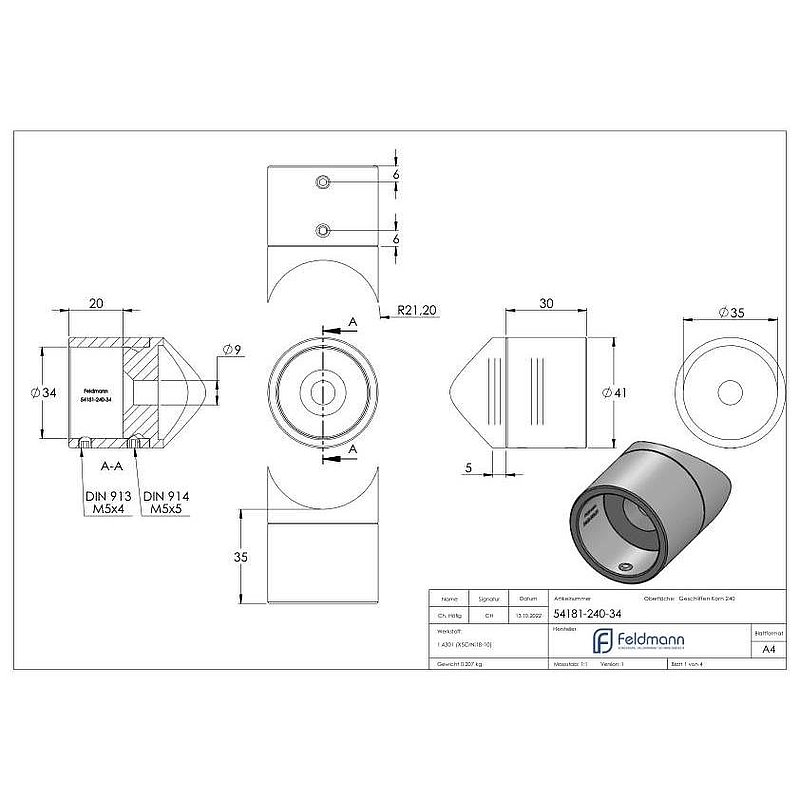Befestigung für Rohr 33,7mm an 42,4mm, V2A