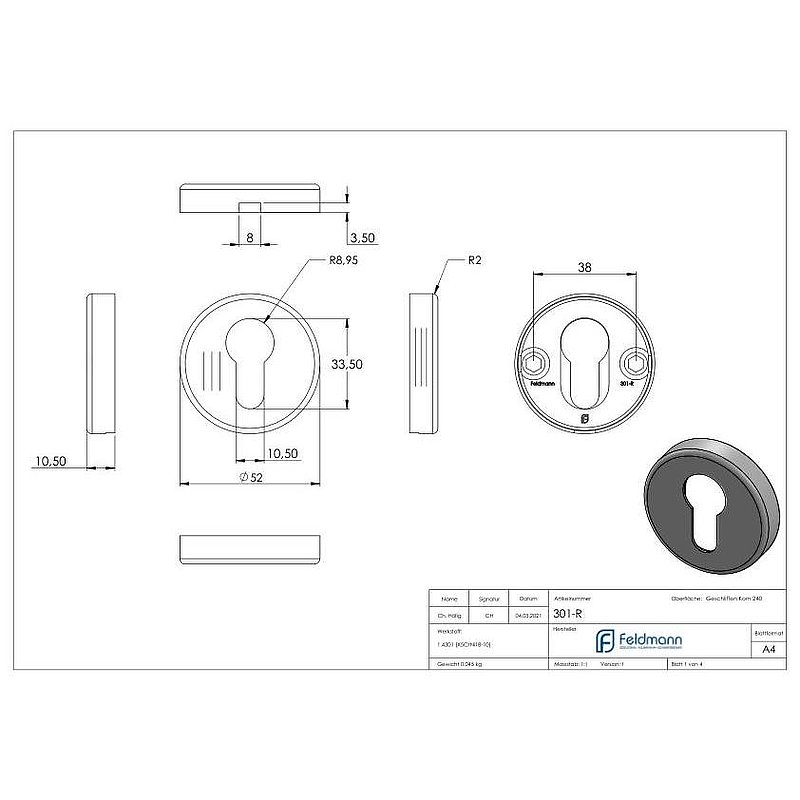 Pair of key escutcheons, for profile cylinder, AISI304