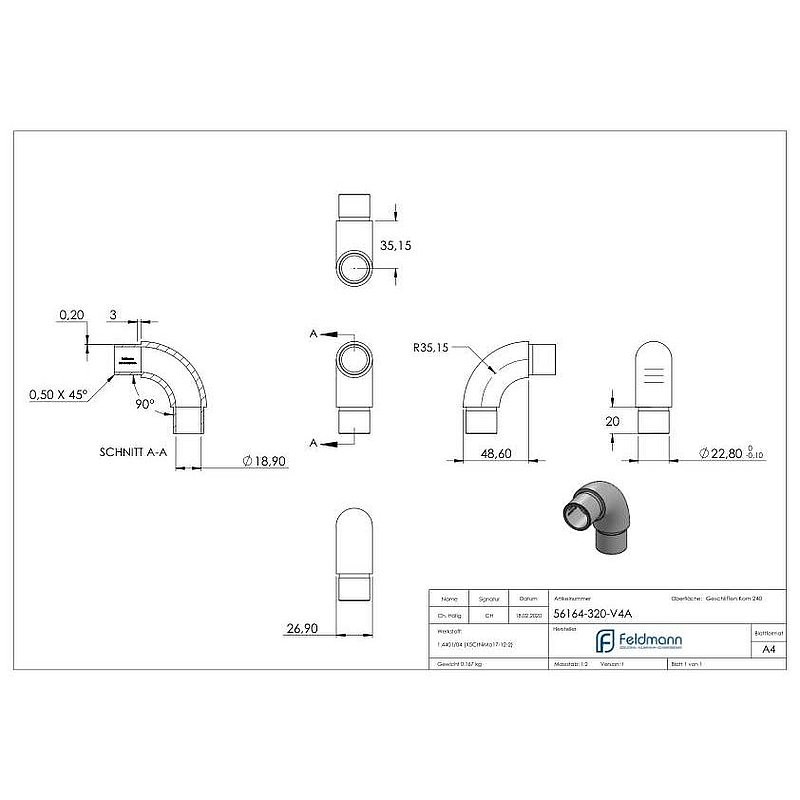 Tube coudé à 90°, pour tube Ø 26,9x2,0mm, V4A