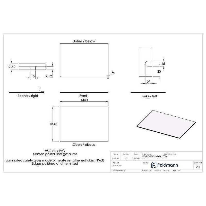 Eleganza canopy Glas: 1400x1000mm VSG aus 2x8mm TVG mit 1,52mm PVB