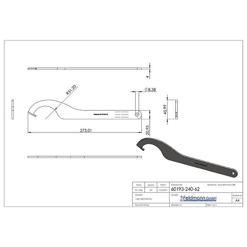 Clé à griffe pour point de fixation 62mm, V2A