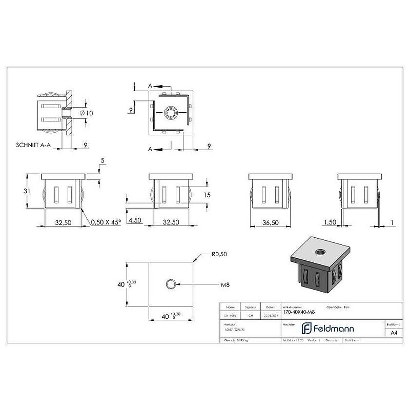 Steel end cap, for square tube 40x40mm