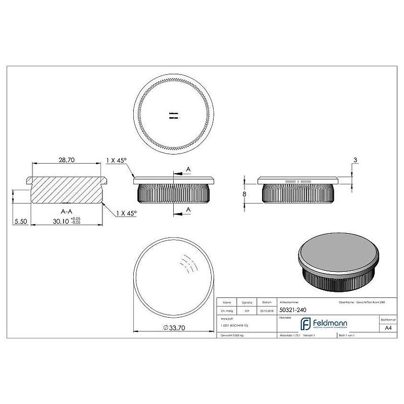Bouchon pour extrémité de tube, pour tube 33,7x2,0mm, V2A